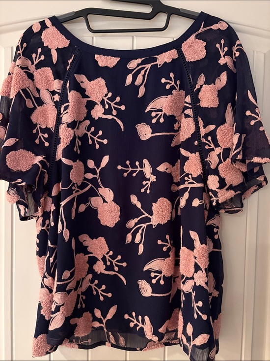 Maeve Tops - Maeve Anthropologie Navy Top with Pink Floral Chenille Embroidery